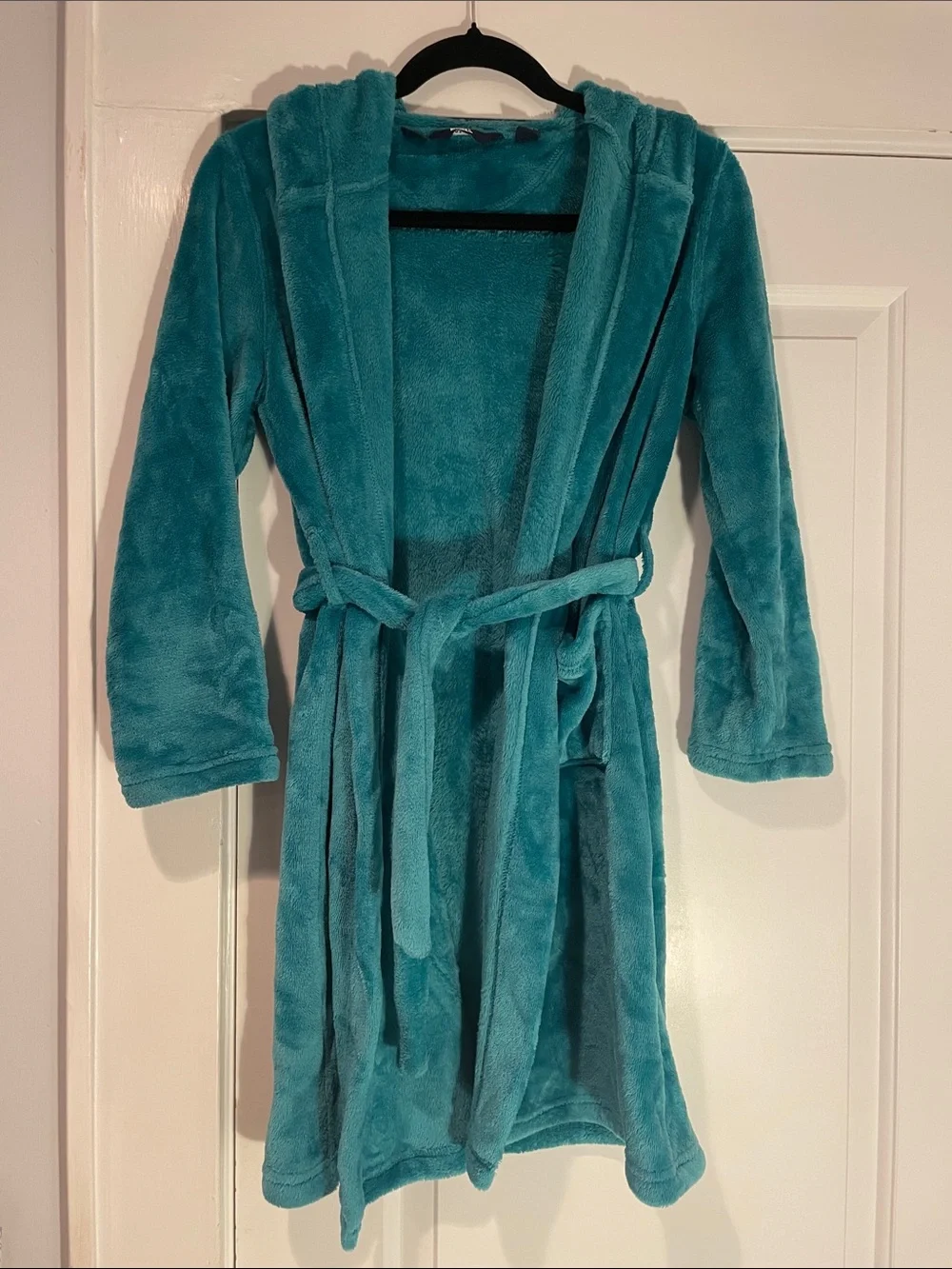 Lands' End Plush Hooded Kids Robe in Teal Blue